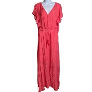 L‎ Love Women's Coral Pink Ruffle Sleeve Maxi Dress Size 2XL Beachy Boho Flowy